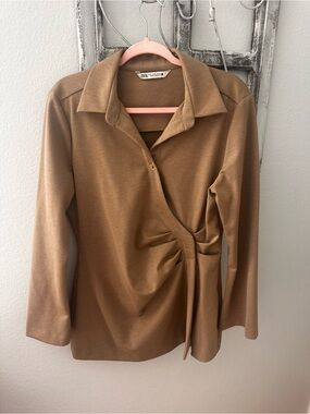 Zara Camel Brown Wrap-Detail Collared Long-Sleeve Shirt